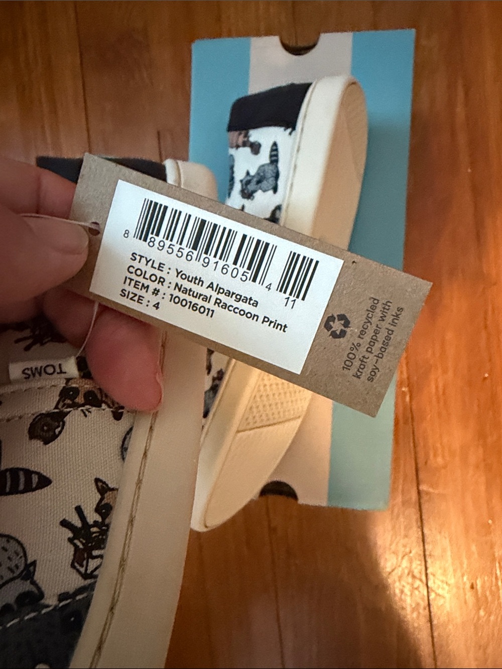 Toms Kids White Canvas Slip-On Shoes with Black and Brown Raccoon Print - Picture 3 of 6